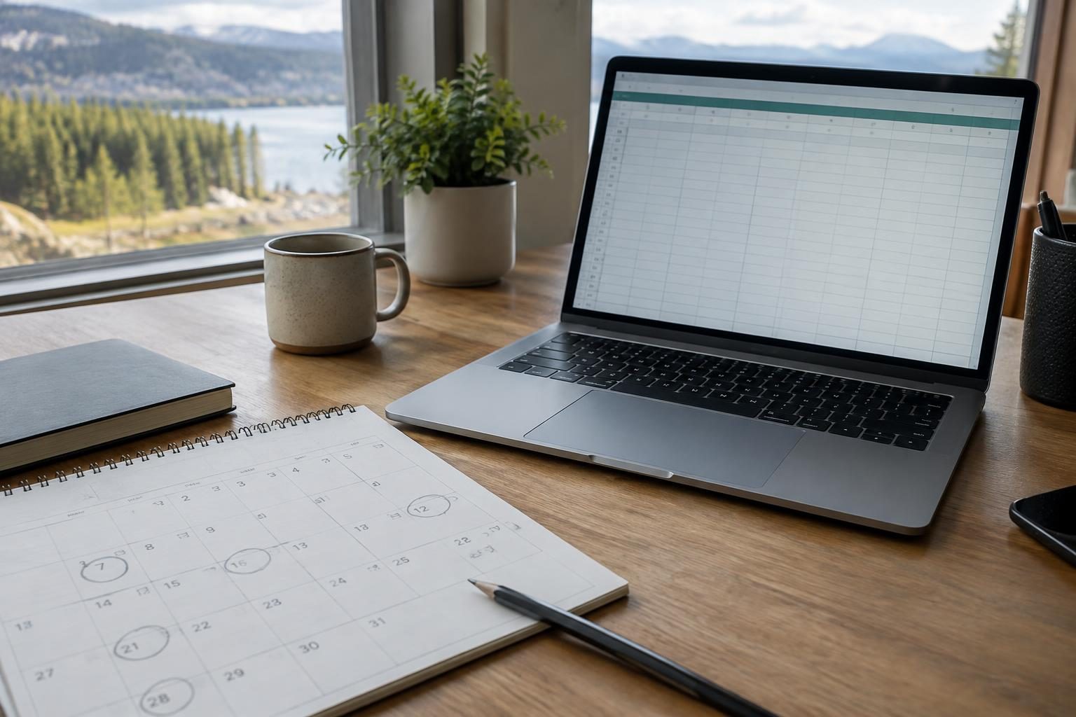 Marked calendar beside a laptop with a spreadsheet