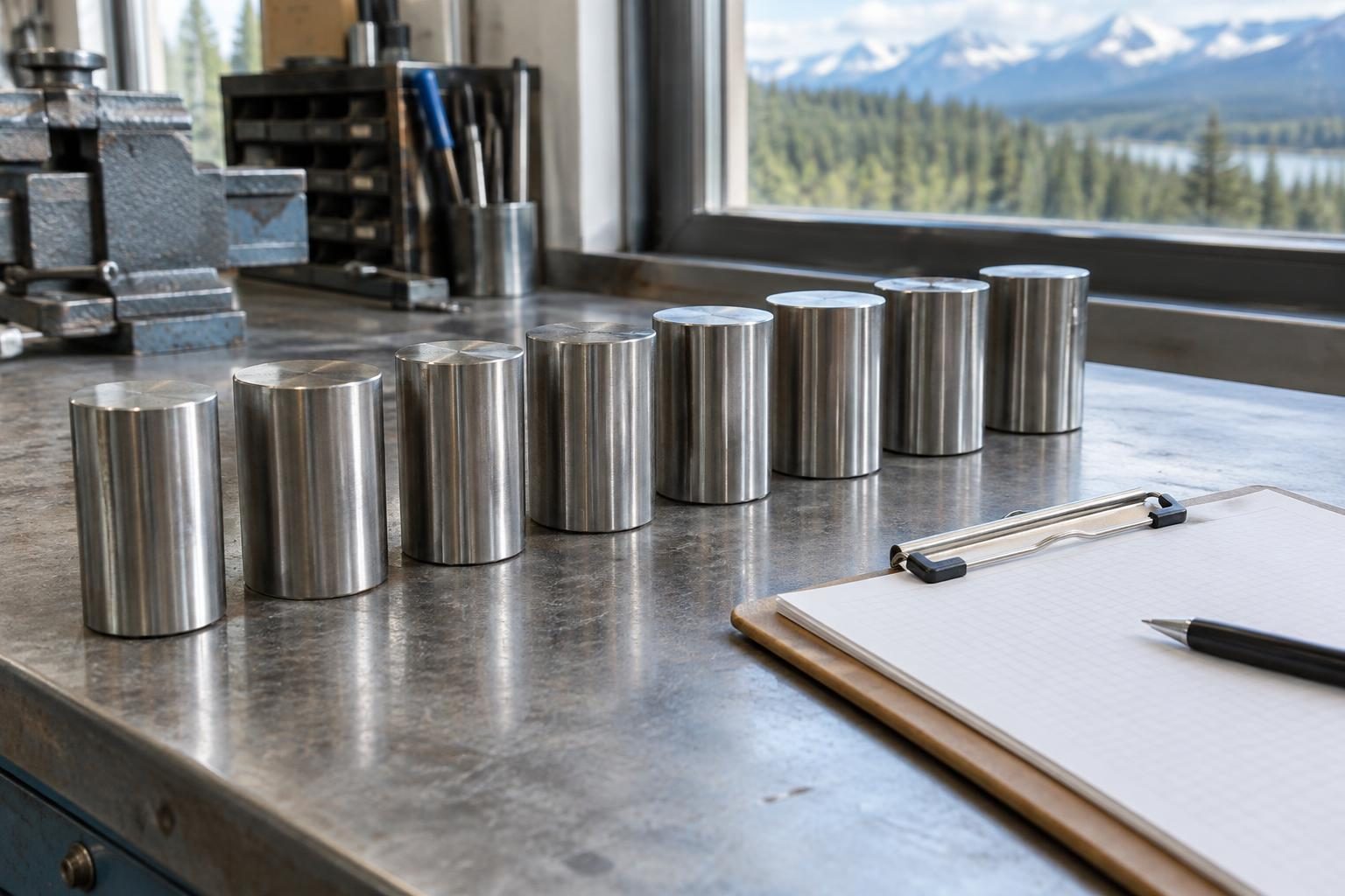 Stainless steel sample cylinders on a workshop bench