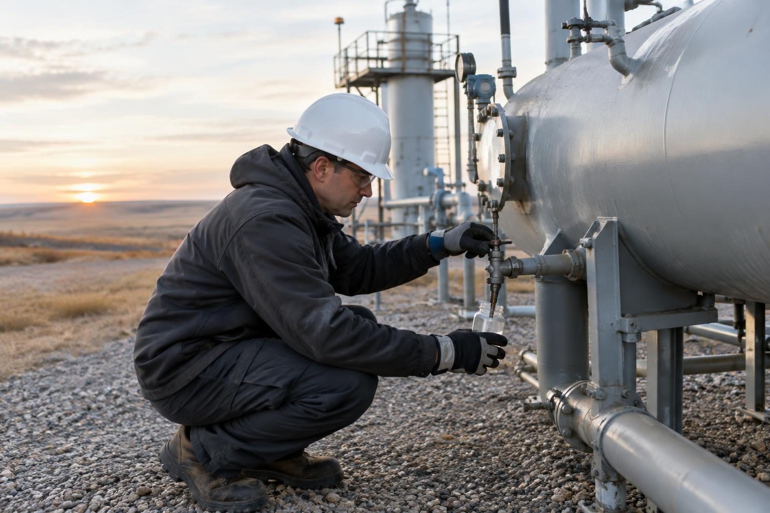 Technician at a sample point on a wellsite separator